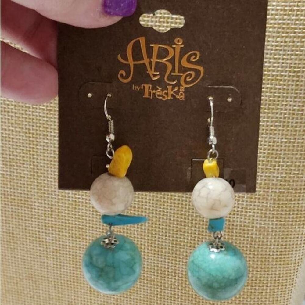 Aris by Treska Turquoise Cream Yellow Beaded Dangle Drop Earrings Silver Tone